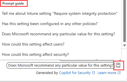 Captura de tela do ícone do guia de prompts do Copilot no Intune e os prompts disponíveis.