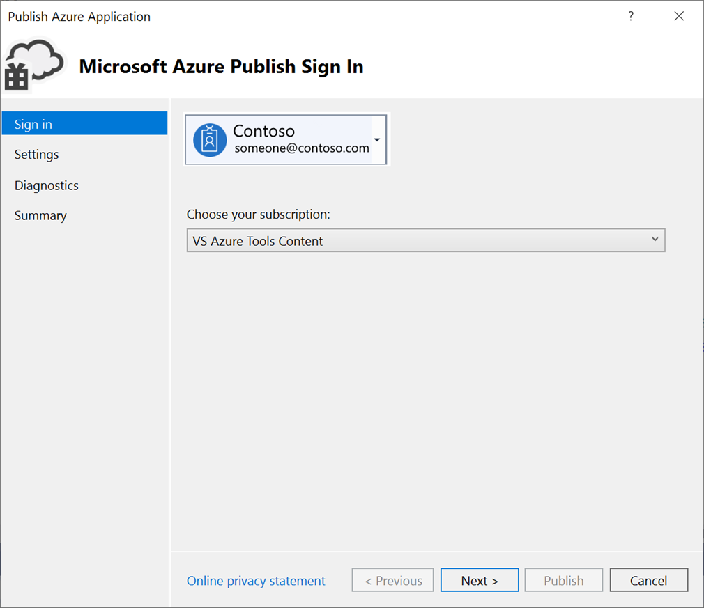 Captura de tela que mostra o painel de entrada de Publicação do Microsoft Azure no assistente de Publicação de Aplicativo Azure.