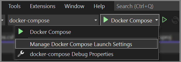 Captura de tela do item de menu Depuração – Gerenciar Configurações do Compose