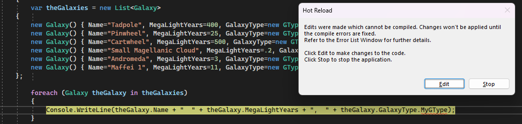 Captura de tela do Depurador do Visual Studio com uma linha de código realçada em vermelho e uma caixa de mensagem com a opção Editar selecionada.