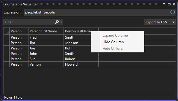 Captura de tela de Exibição dos dados do visualizador IEnumerable.