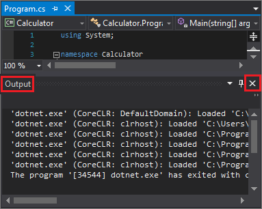 Captura de tela que mostra o fechamento do painel Saída no Visual Studio.