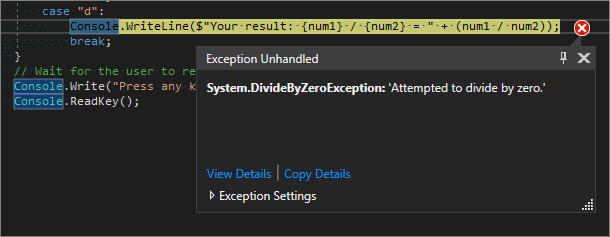 Captura de tela do editor de código do Visual Studio mostrando uma linha realçada em amarelo e um erro Exceção sem tratamento para 