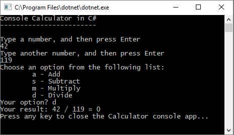 Captura de tela de uma janela do console que mostra o aplicativo Calculadora retornando um número inteiro impreciso como resultado.