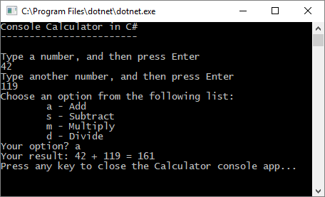 Captura de tela de uma janela console mostrando o aplicativo Calculadora com prompts.