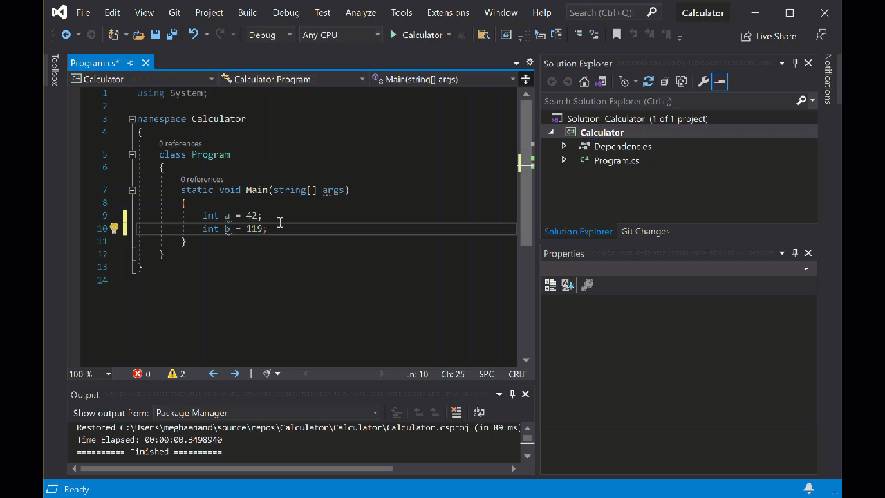 Animação do código de matemática inteiro mostrando o recurso de preenchimento automático do IntelliSense no IDE do Visual Studio.