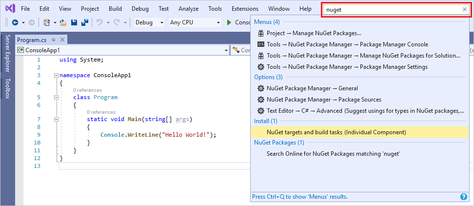 Captura de tela que mostra a caixa de pesquisa de Início Rápido no Visual Studio 2019.