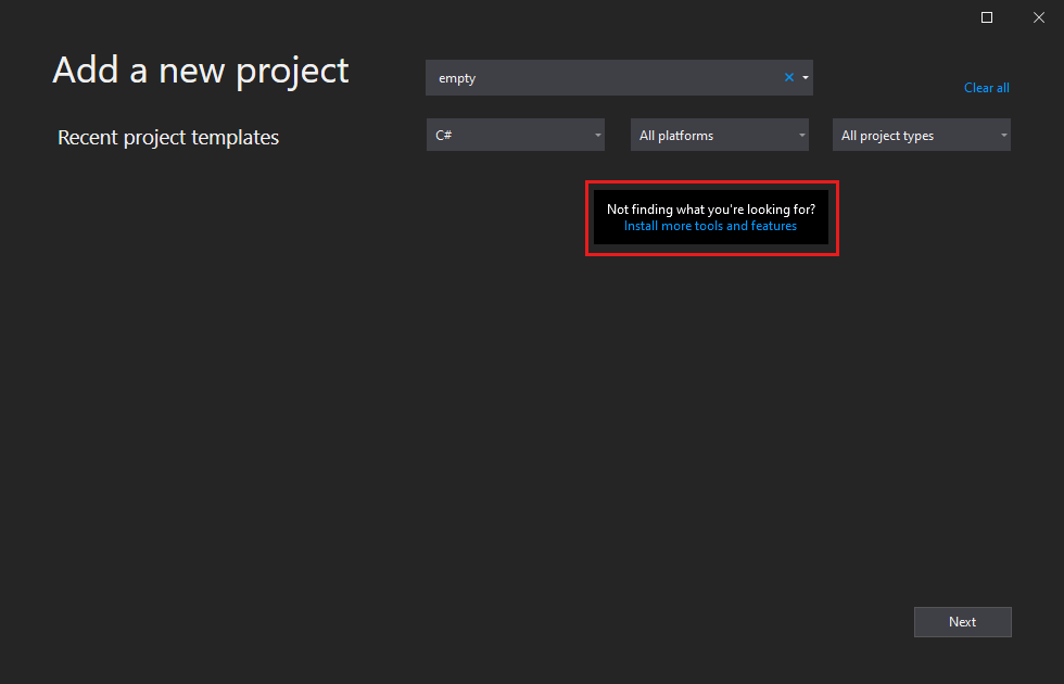 Captura de tela que mostra o link Abrir Instalador do Visual Studio.