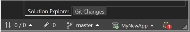 Captura de tela da barra de status do repositório abaixo do painel Gerenciador de Soluções no Visual Studio.