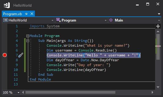 captura de tela que mostra um ponto de interrupção em uma linha de código no Visual Studio.