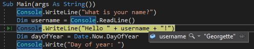 captura de tela que mostra um valor variável durante a depuração no Visual Studio.