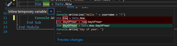 Captura de tela mostrando a sugestão de variável temporária embutida no Visual Studio.
