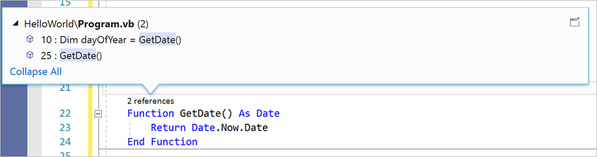 captura de tela que mostra o CodeLens no Visual Studio.