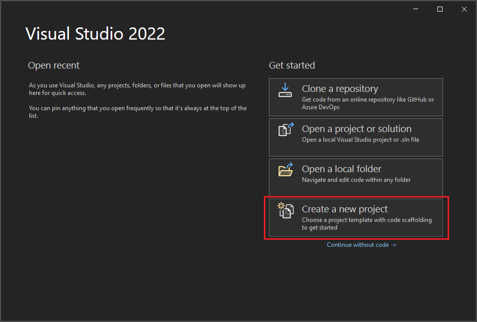 Captura de tela mostrando a janela inicial do Visual Studio com 