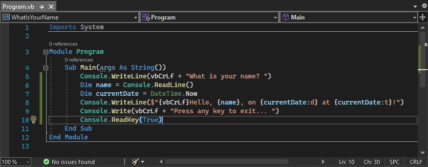 Captura de tela mostrando o código do arquivo 'Program.vb' no projeto 'WhatIsYourName' carregado no editor de código do Visual Basic.