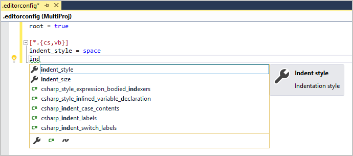 Captura de tela que mostra o IntelliSense com a extensão do Serviço de Linguagem EditorConfig.