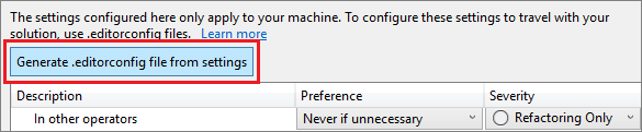 Captura de tela da geração do arquivo editorconfig a partir das configurações.