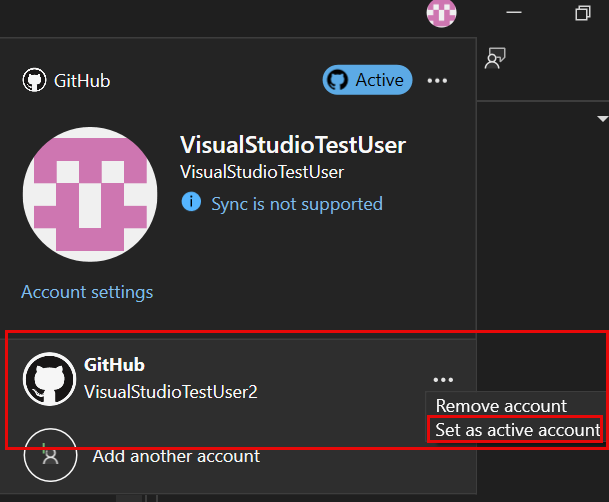 Captura de tela mostrando a configuração de uma conta do GitHub ativa diferente usando o cartão de perfil.