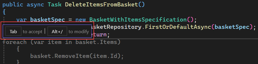 Captura de tela que mostra sugestões para aceitar ou modificar uma sugestão de código do GitHub Copilot no Visual Studio.