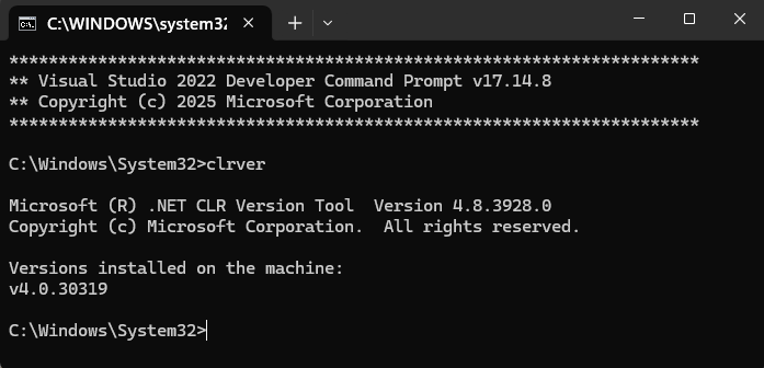 Captura de tela do Prompt de Comando do Desenvolvedor do Visual Studio que mostra a ferramenta clrver.