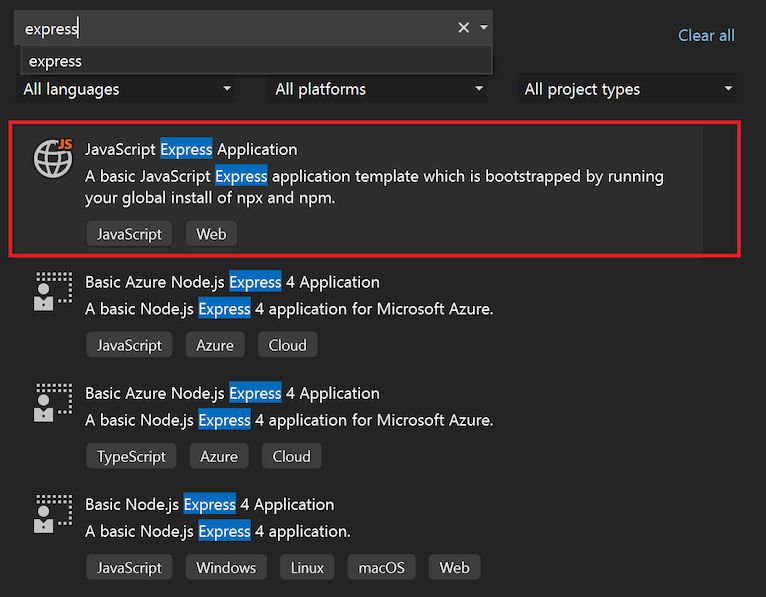 Captura de tela que mostra como pesquisar e selecionar o modelo de Aplicativo Expresso JavaScript na janela Iniciar do Visual Studio.