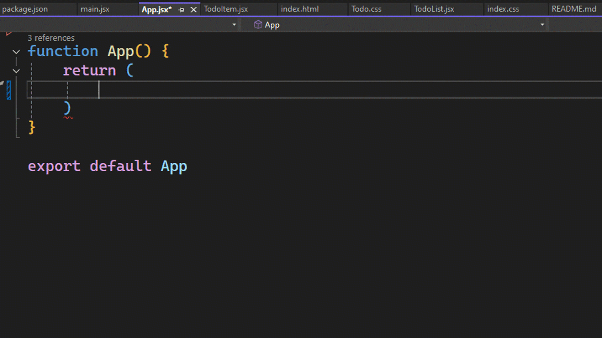 Captura de tela mostrando a adição de um componente JSX ao aplicativo.