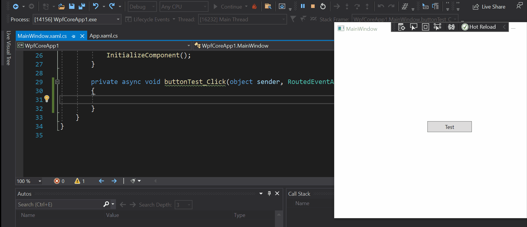 Alteração do .NET Hot Reload é aplicada no VS usando o botão “aplicar alterações de código”