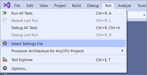 Selecione o menu de arquivo de configurações de teste no Visual Studio 2019