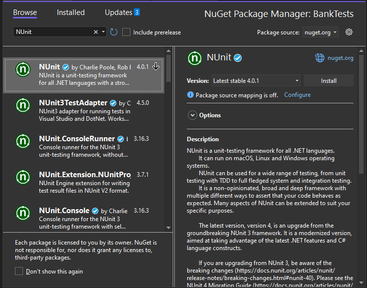 Captura de tela do Gerenciador de Pacotes NuGet no Visual Studio 2022.