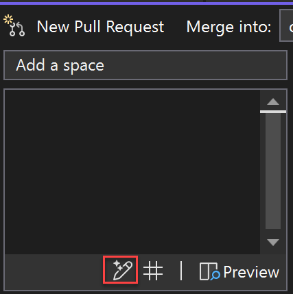 Captura de tela do ícone de caneta cintilante para solicitar que o GitHub Copilot gere uma descrição de PR.