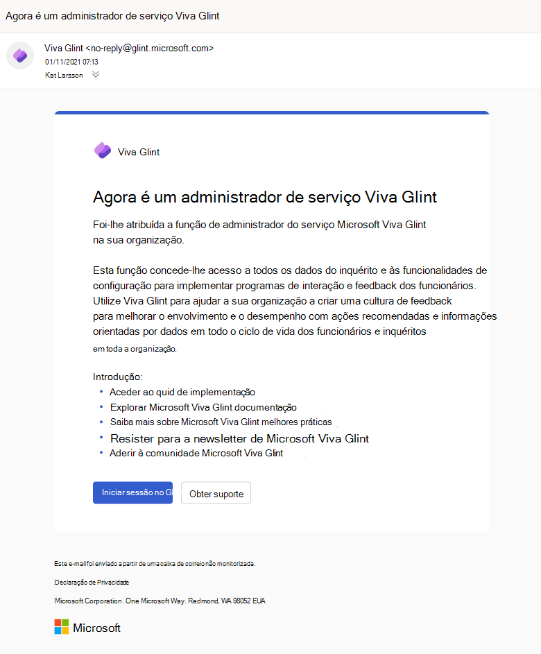 Captura de ecrã a mostrar a notificação por e-mail que Viva Glint administradores de serviço recebem quando são adicionados à função de administrador.