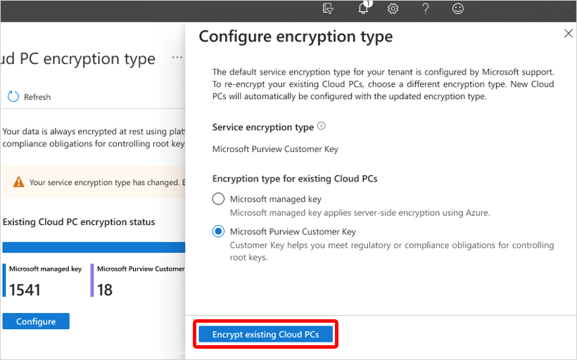Captura de ecrã do botão Encriptar PCs na Cloud existentes.