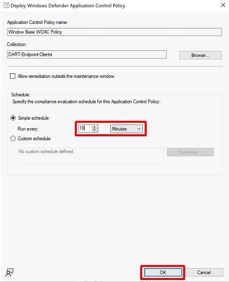 Altere a agenda de implementação do Controlo de Aplicações.