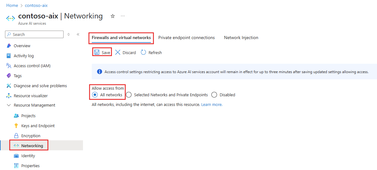 Captura de ecrã do separador firewalls e redes virtuais com a opção todas as redes selecionada.