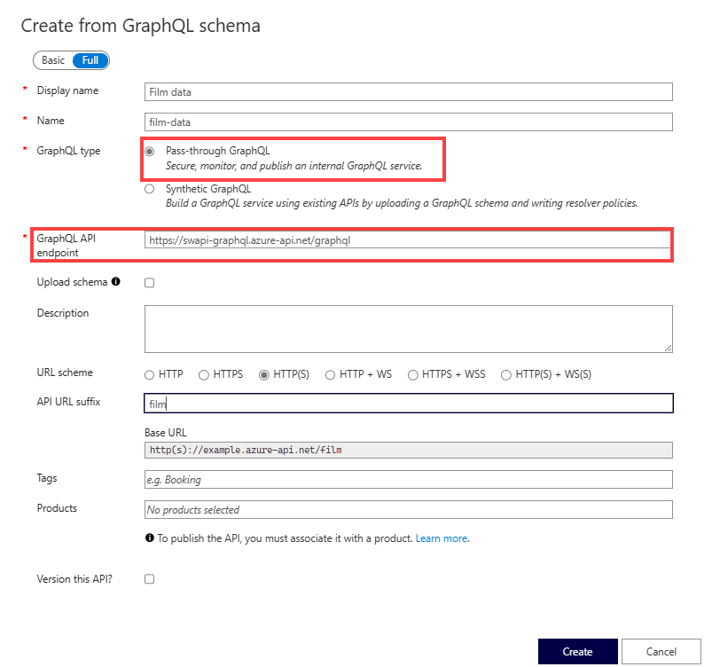 Captura de tela de campos para criar uma API GraphQL.