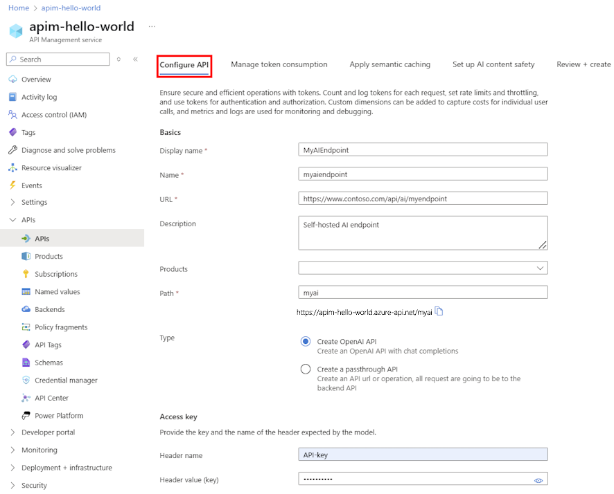 Captura de tela da configuração da API do modelo de idioma no portal.