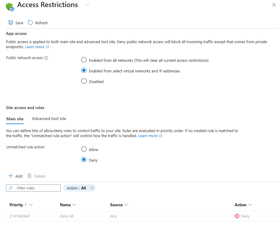Captura de ecrã do painel Restrições de Acesso no portal do Azure, mostrando a lista de regras de restrição de acesso definidas para a aplicação selecionada.