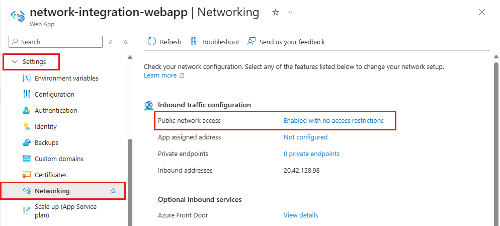 Captura de ecrã do painel de opções de rede do Serviço de Aplicação no portal do Azure.