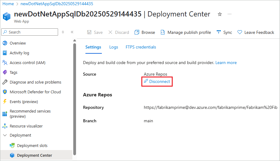 Captura de tela que mostra como desconectar a sincronização da pasta na nuvem com o aplicativo do Serviço de Aplicativo no portal do Azure.