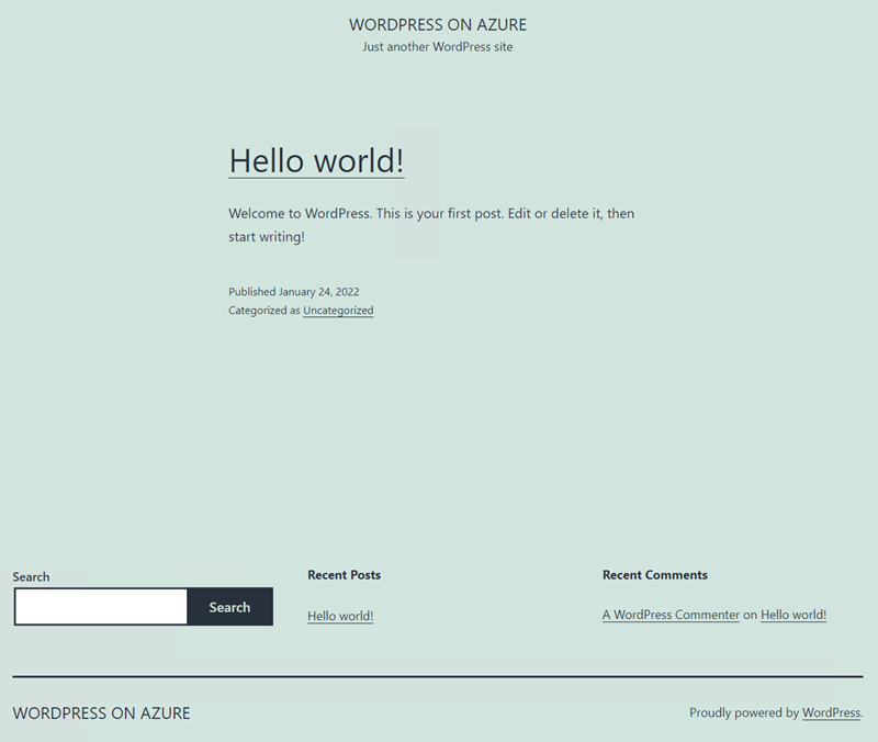 Captura de ecrã do site WordPress no Serviço de Aplicações do Azure.