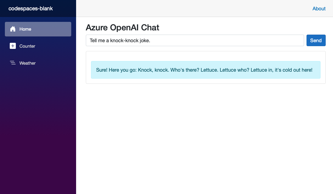 Captura de tela mostrando o chatbot em execução no Serviço de Aplicativo do Azure.