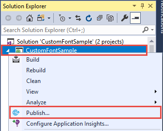 Captura de tela do projeto CustomFontSample no Gerenciador de Soluções. O item de menu Publicar é realçado.