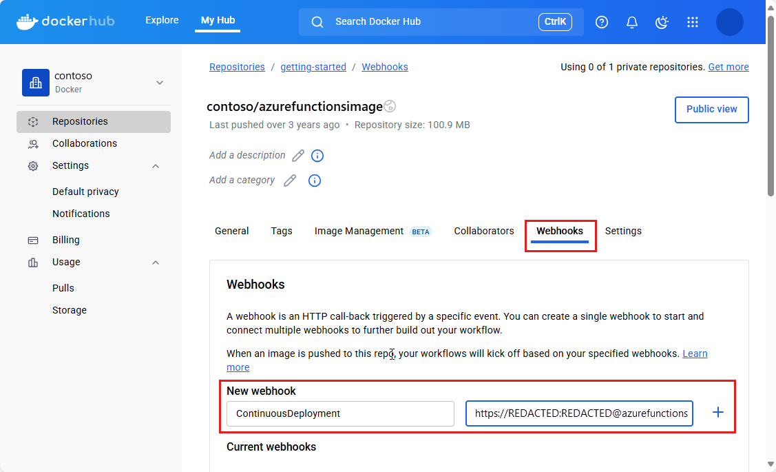 Captura de tela mostrando como adicionar o webhook na janela do Docker Hub.