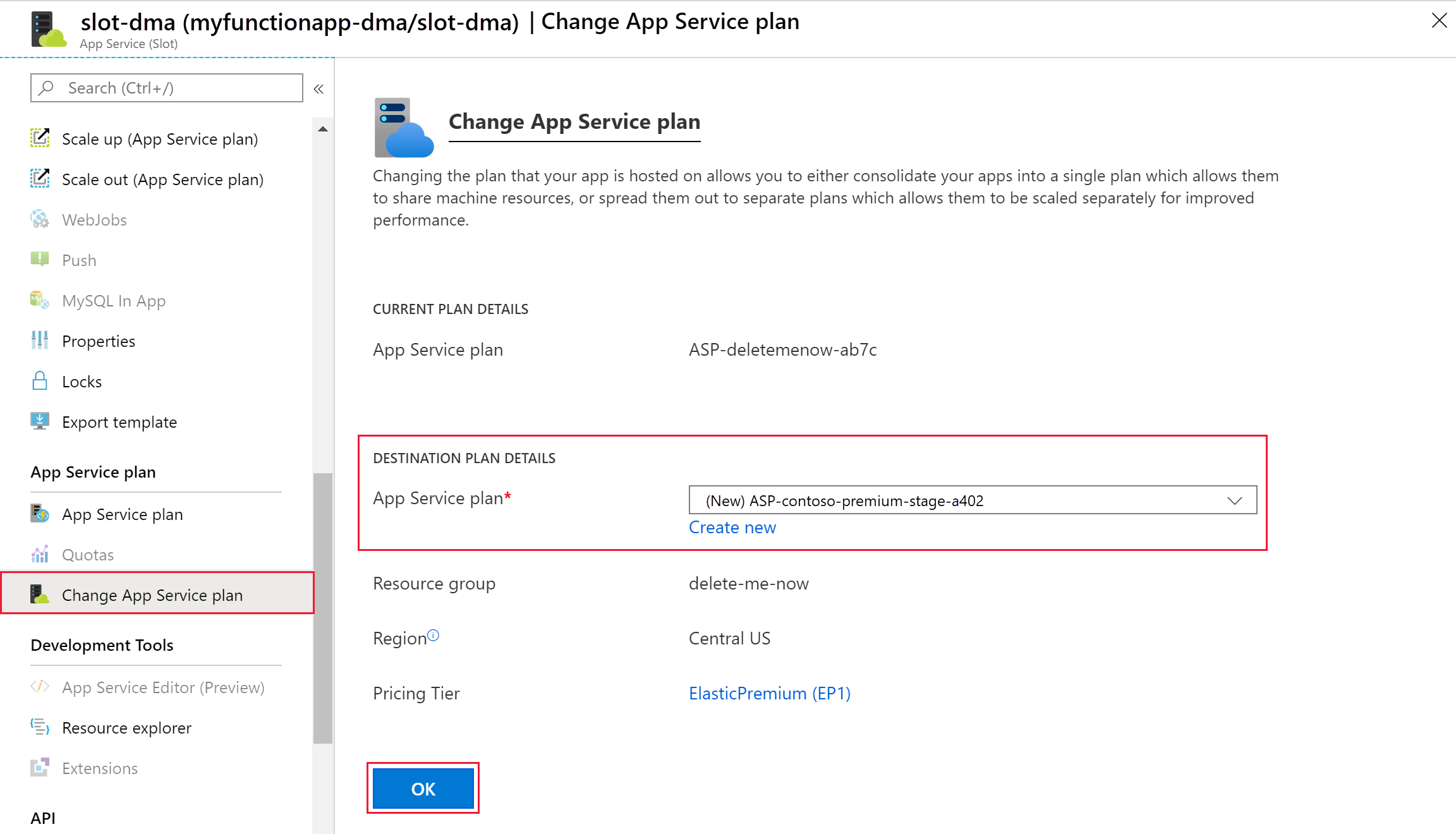 A captura de tela mostra onde alterar o plano do Serviço de Aplicativo no portal do Azure.