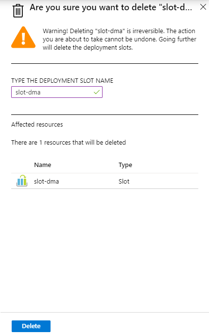 A captura de tela mostra a exclusão do slot de implantação no portal do Azure.