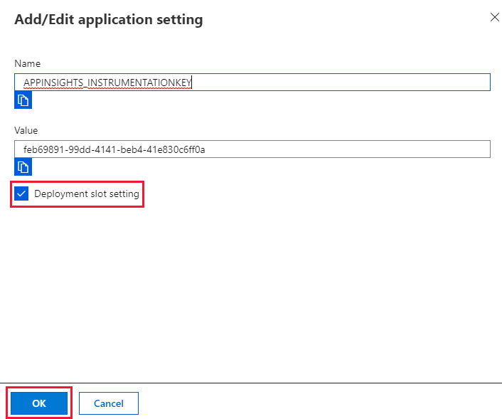 A captura de tela mostra onde definir a configuração do slot de implantação.