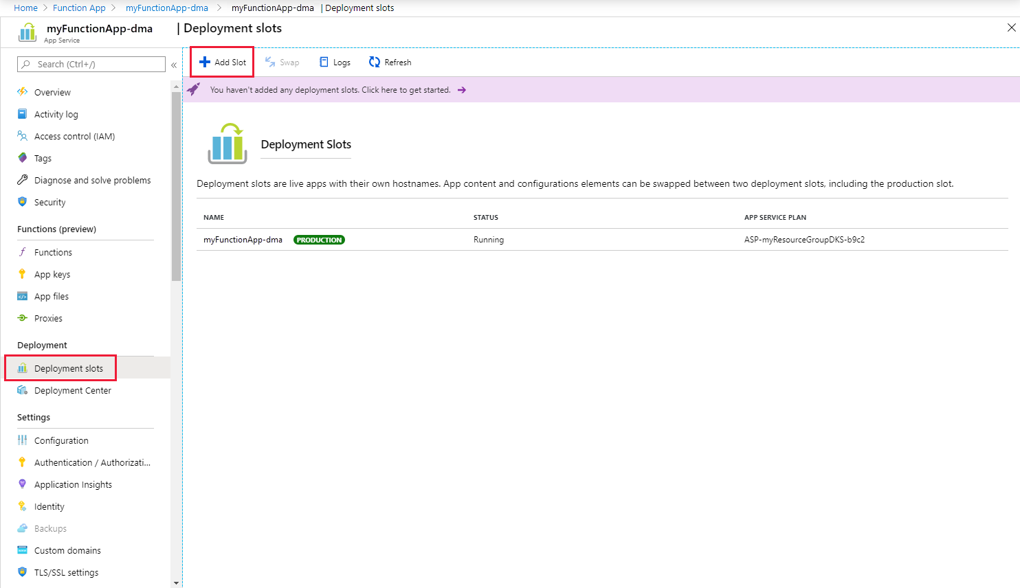 A captura de tela mostra a adição de um slot de implantação do Azure Functions.