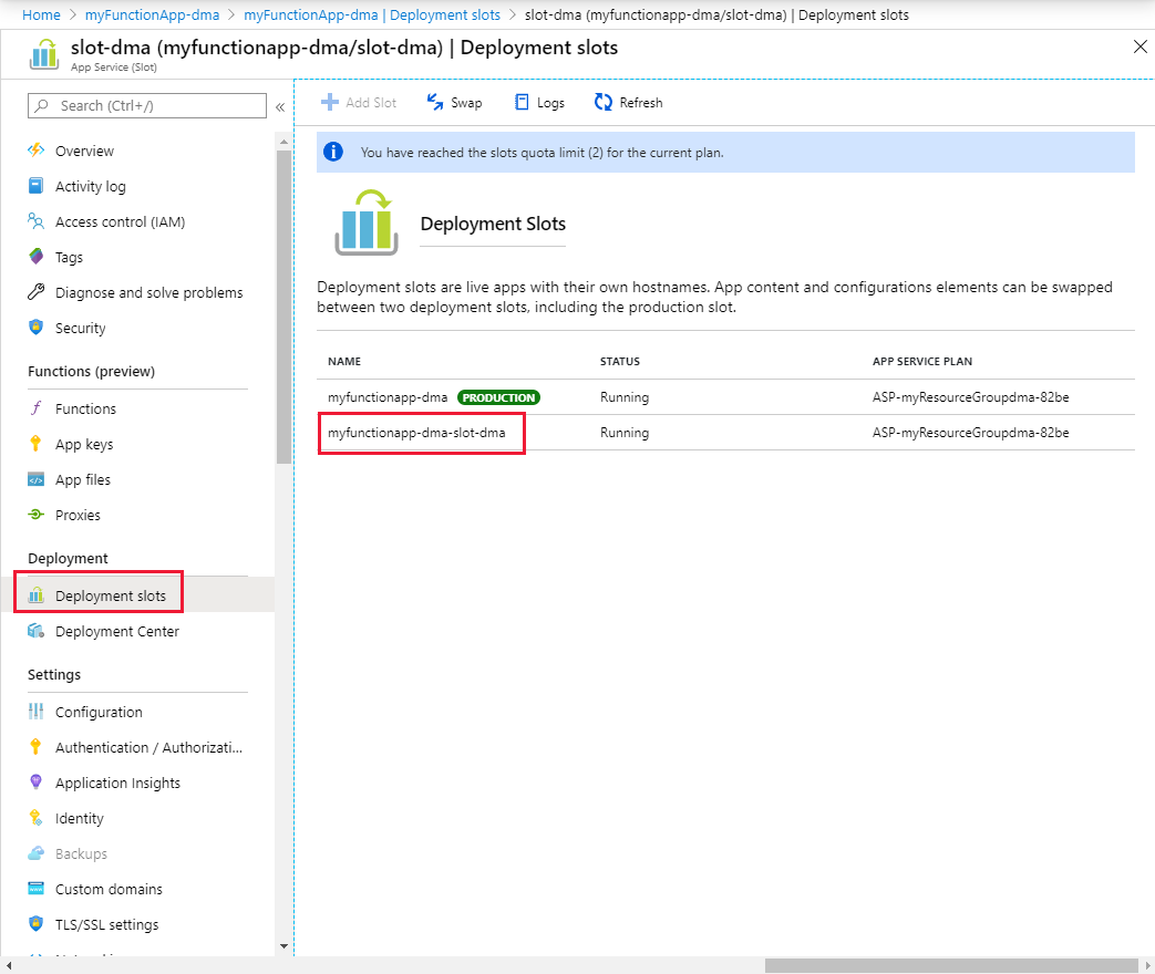 A captura de tela mostra os slots de implantações no portal do Azure.