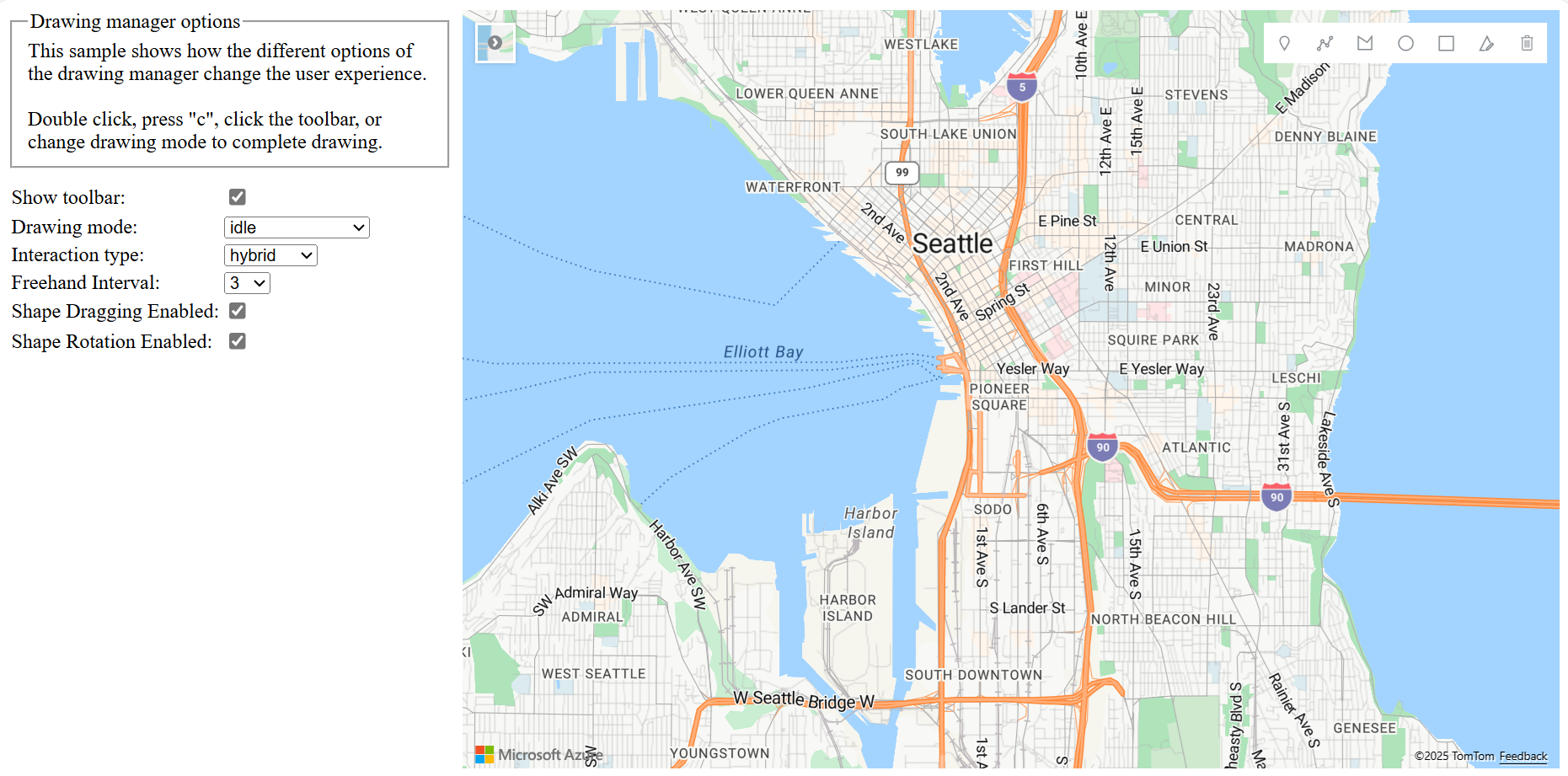 Uma captura de tela de um mapa de Seattle com um painel à esquerda mostrando as opções do gerenciador de desenho que podem ser selecionadas para ver os efeitos que eles fazem no mapa.
