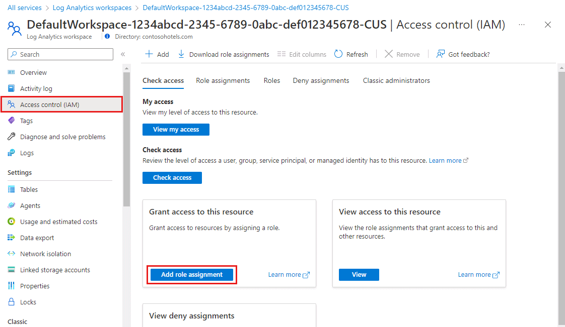 Uma captura de ecrã que mostra a página de controlo de acesso para um espaço de trabalho do Log Analytics.